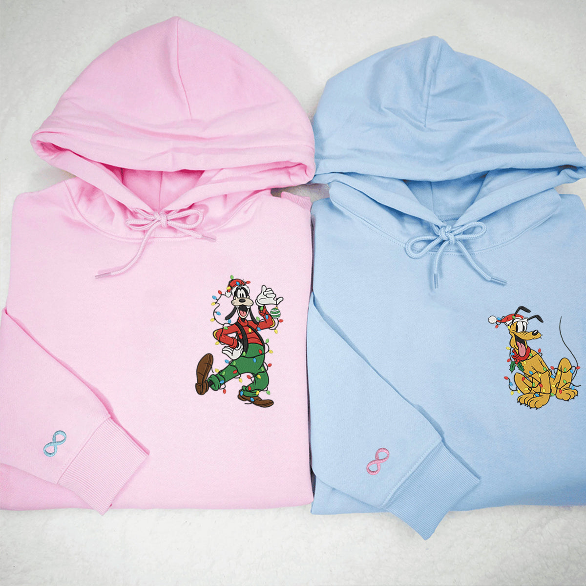 Custom Embroidered Funny Cartoon Dog and Yellow Pup Christmas Lights Sweatshirt, Cozy Holiday Hoodie Matching for Couples