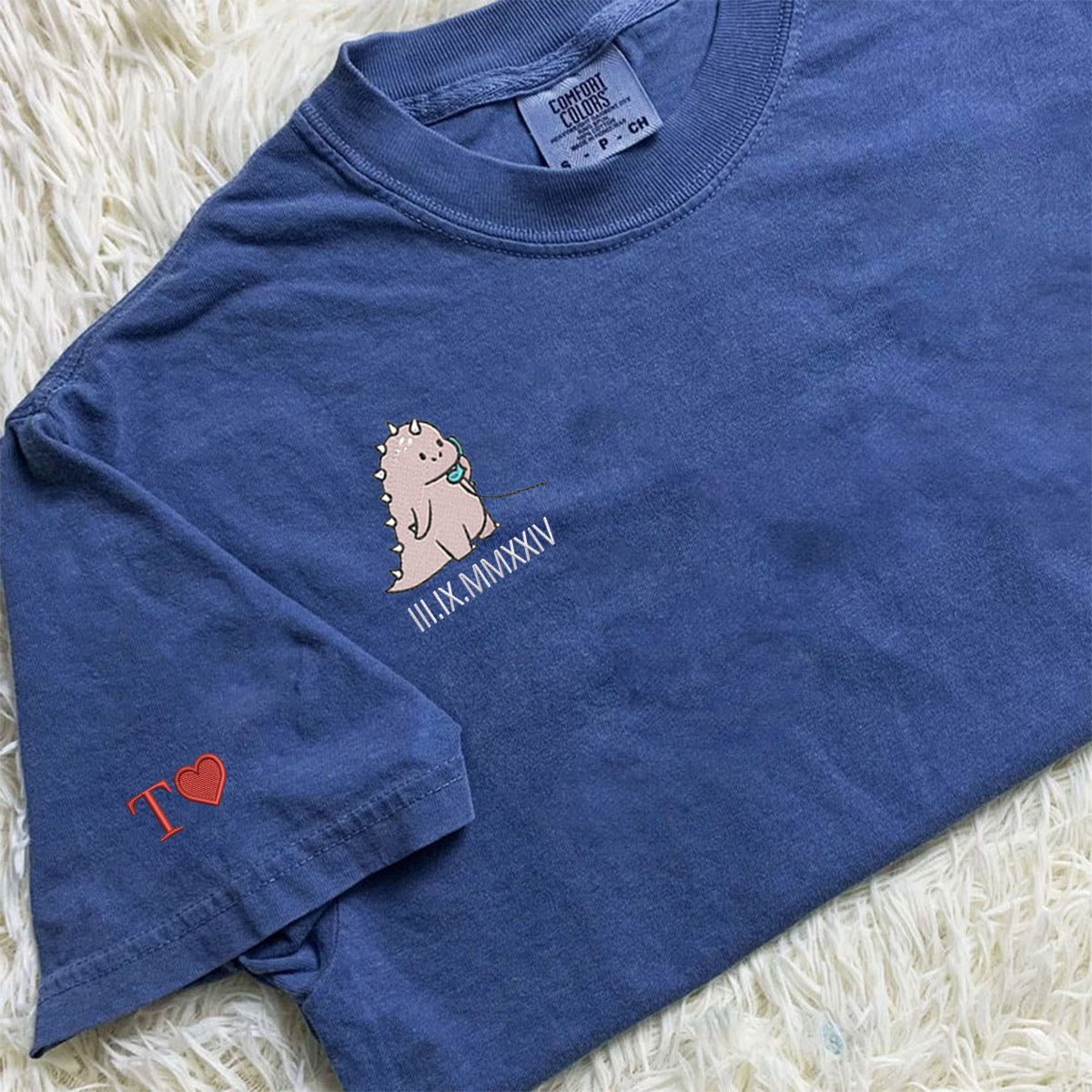 Custom Embroidered Funny Cartoon Streetwear Dinosaur Roman Numeral T-shirts for Couples