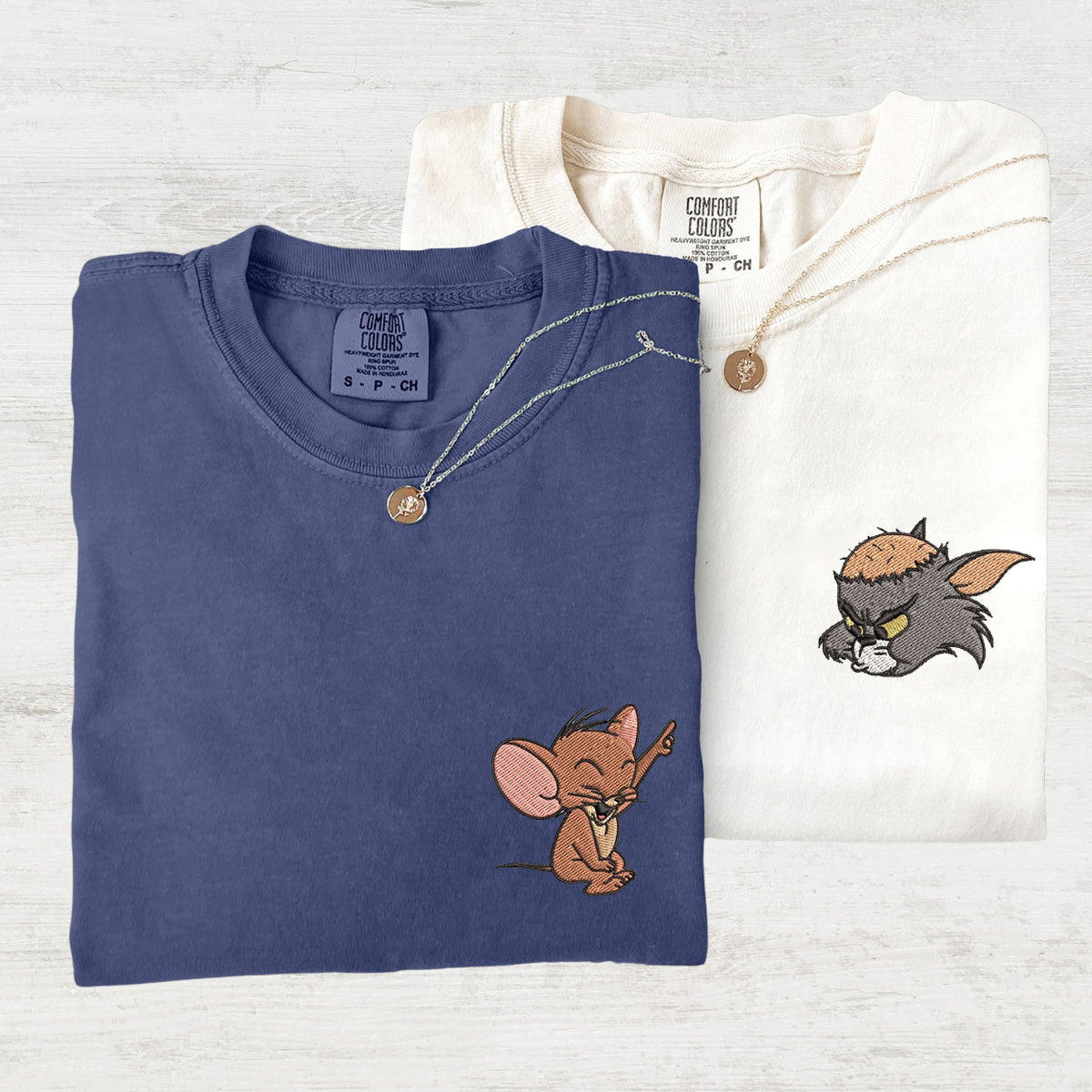 Custom Embroidered Funny Cat and Mouse Matching T-shirts for Couples