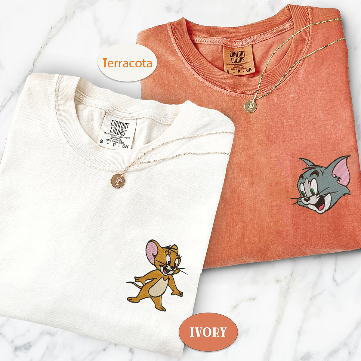 Custom Embroidered Funny Cat and Mouse Matching T-shirts for Couples