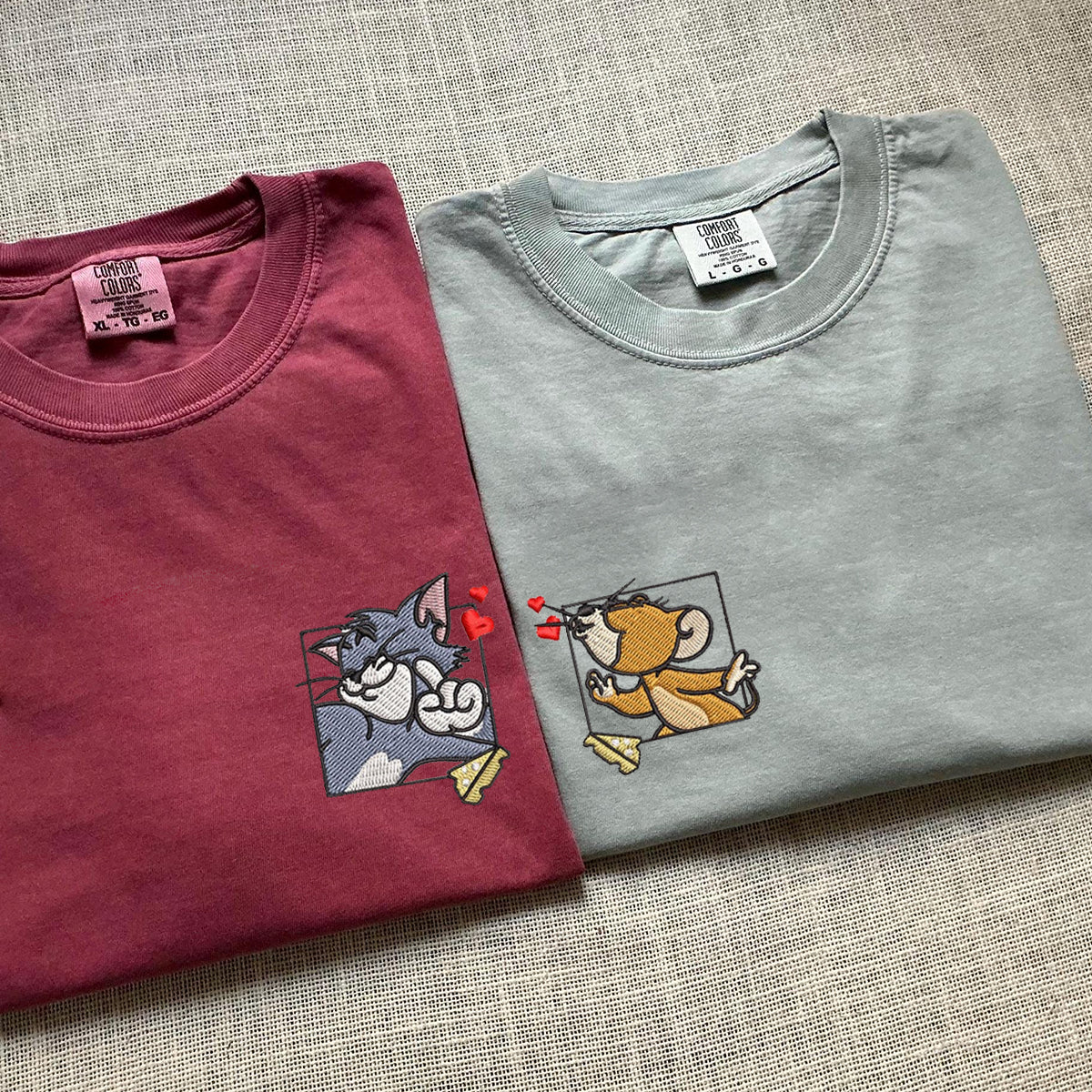 Custom Embroidered Funny Cat and Mouse Matching T-shirts for Couples
