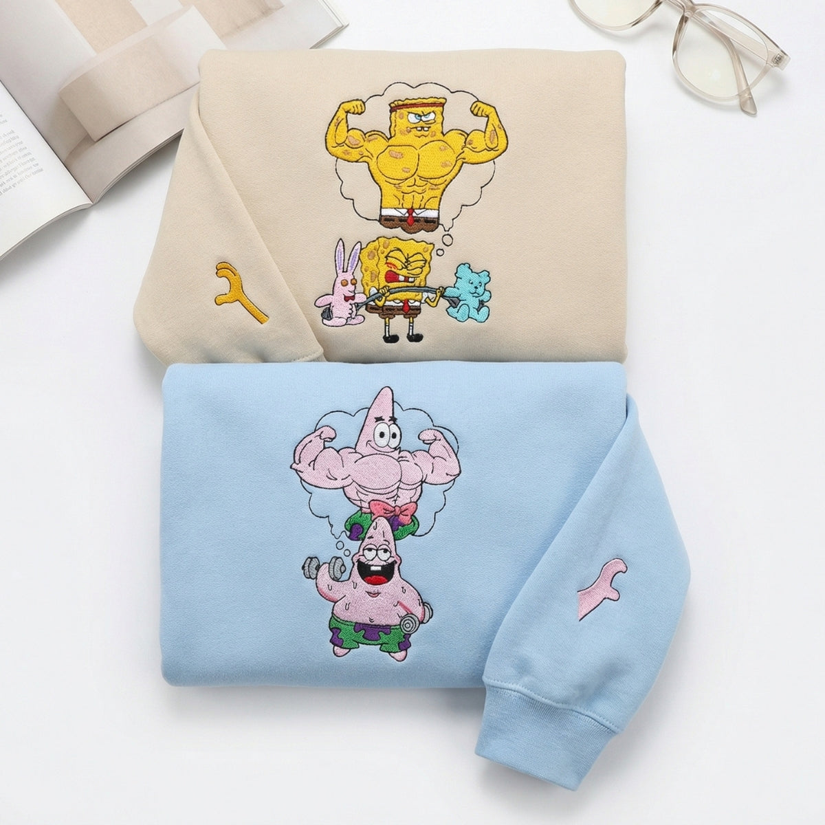 Custom Embroidered Funny Muscle Cartoon Sweatshirt - Aesthetic Kawaii Streetwear Gym Matching Couples Hoodie