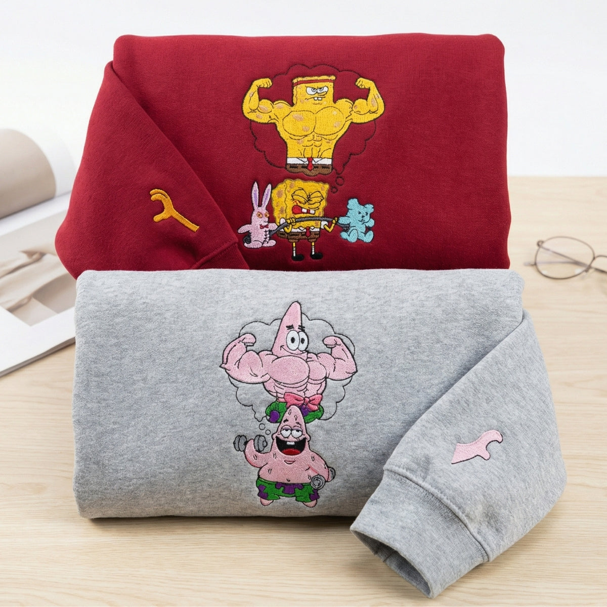Custom Embroidered Funny Muscle Cartoon Sweatshirt - Aesthetic Kawaii Streetwear Gym Matching Couples Hoodie