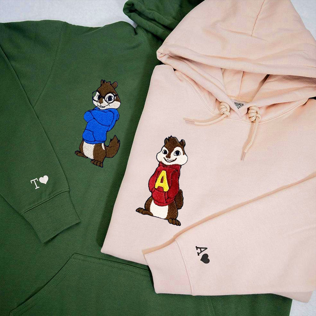 Custom Embroidered Funny Squirrel Duo Matching Hoodies for Couples