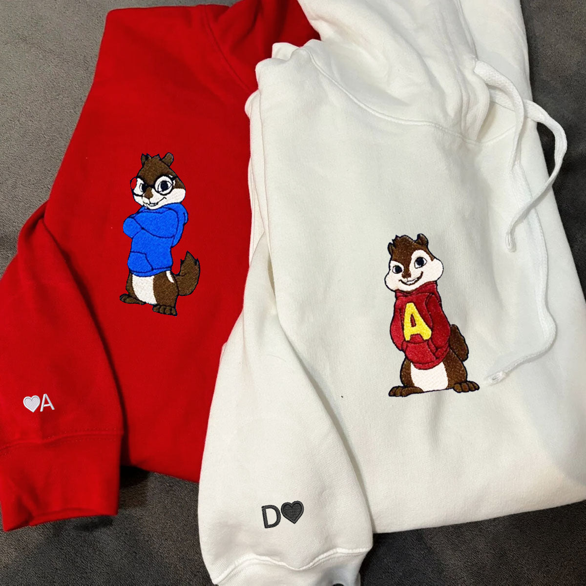 Custom Embroidered Funny Squirrel Duo Matching Hoodies for Couples