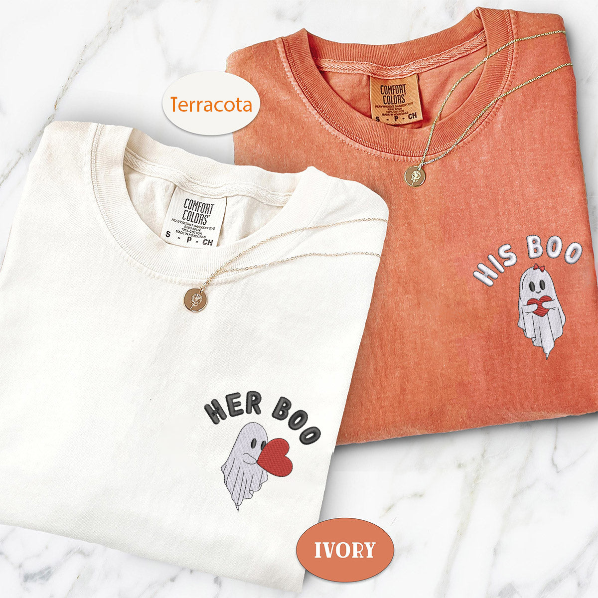 Custom Embroidered Ghost Her His Boo T-shirts for Couples