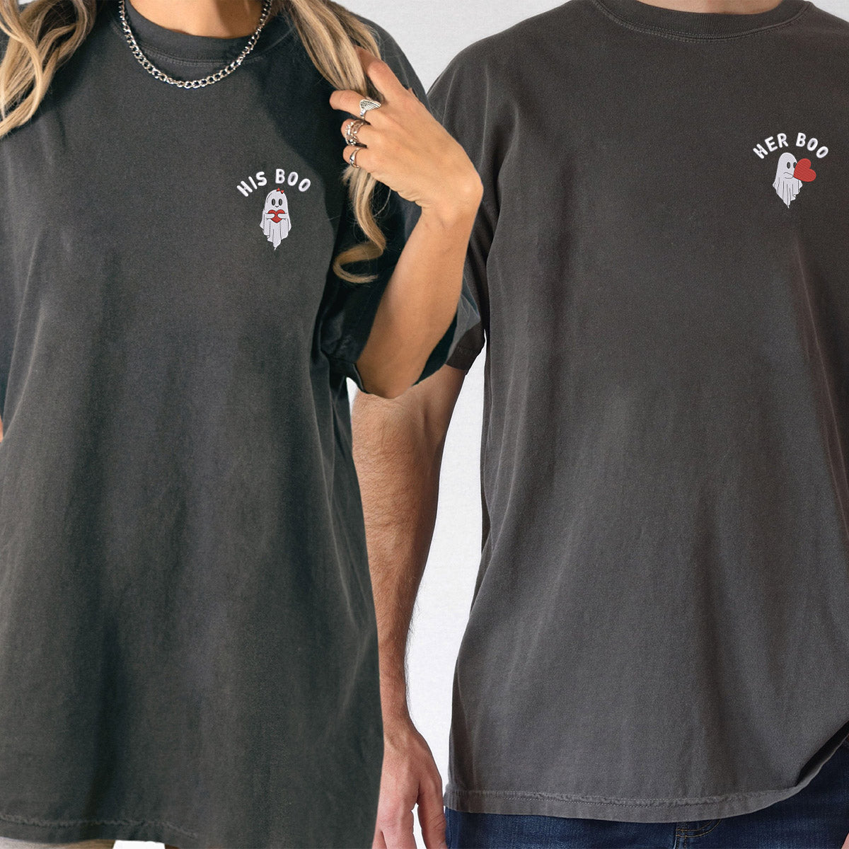 Custom Embroidered Ghost Her His Boo T-shirts for Couples