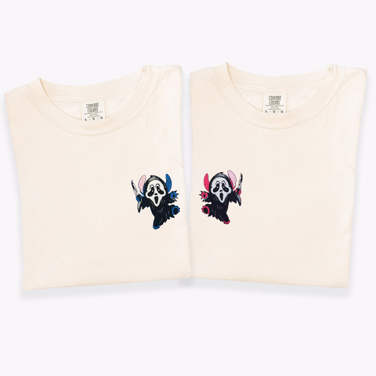 Custom Embroidered Ghost Face Cartoon Halloween Matching T-shirts for Couples