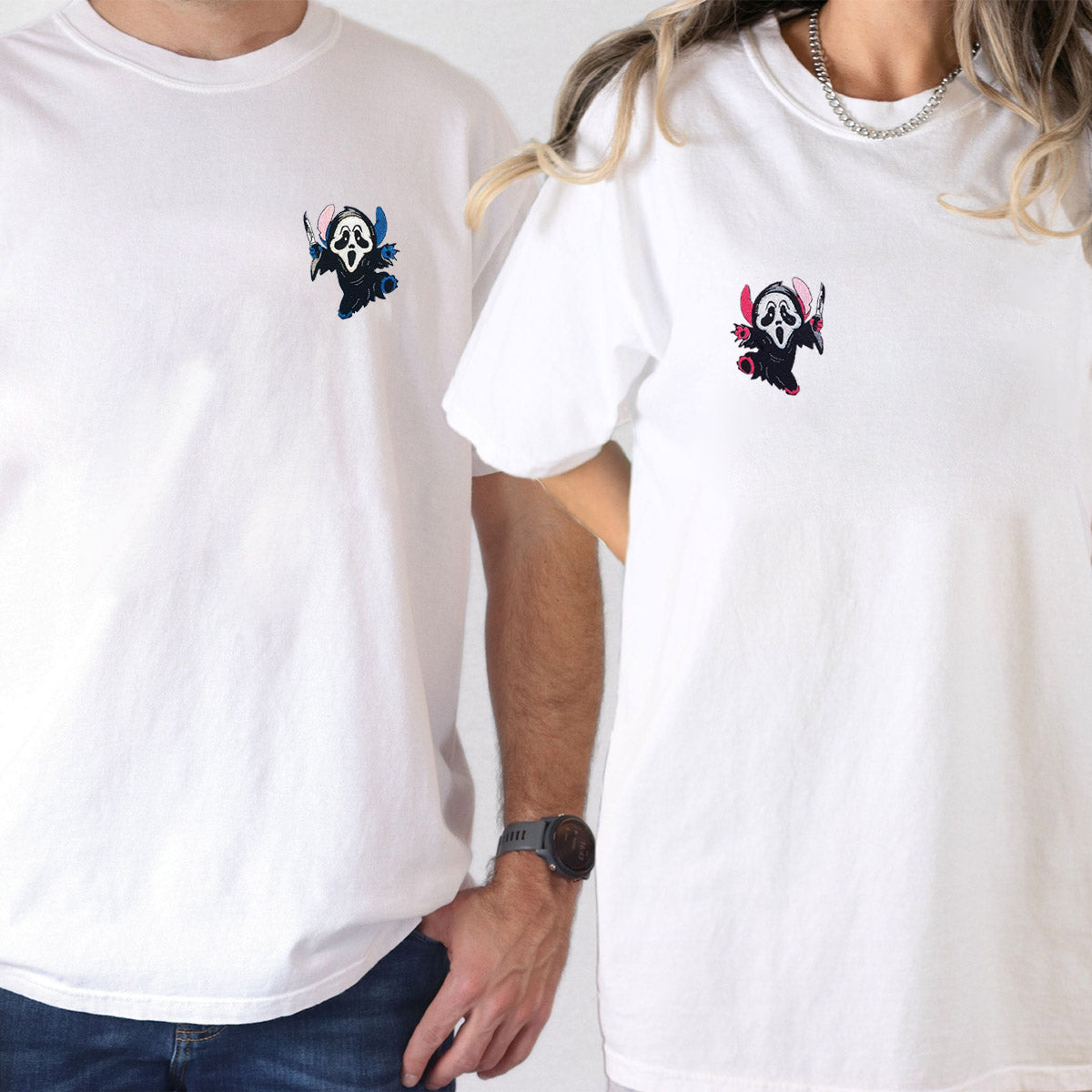 Custom Embroidered Ghost Face Cartoon Halloween Matching T-shirts for Couples
