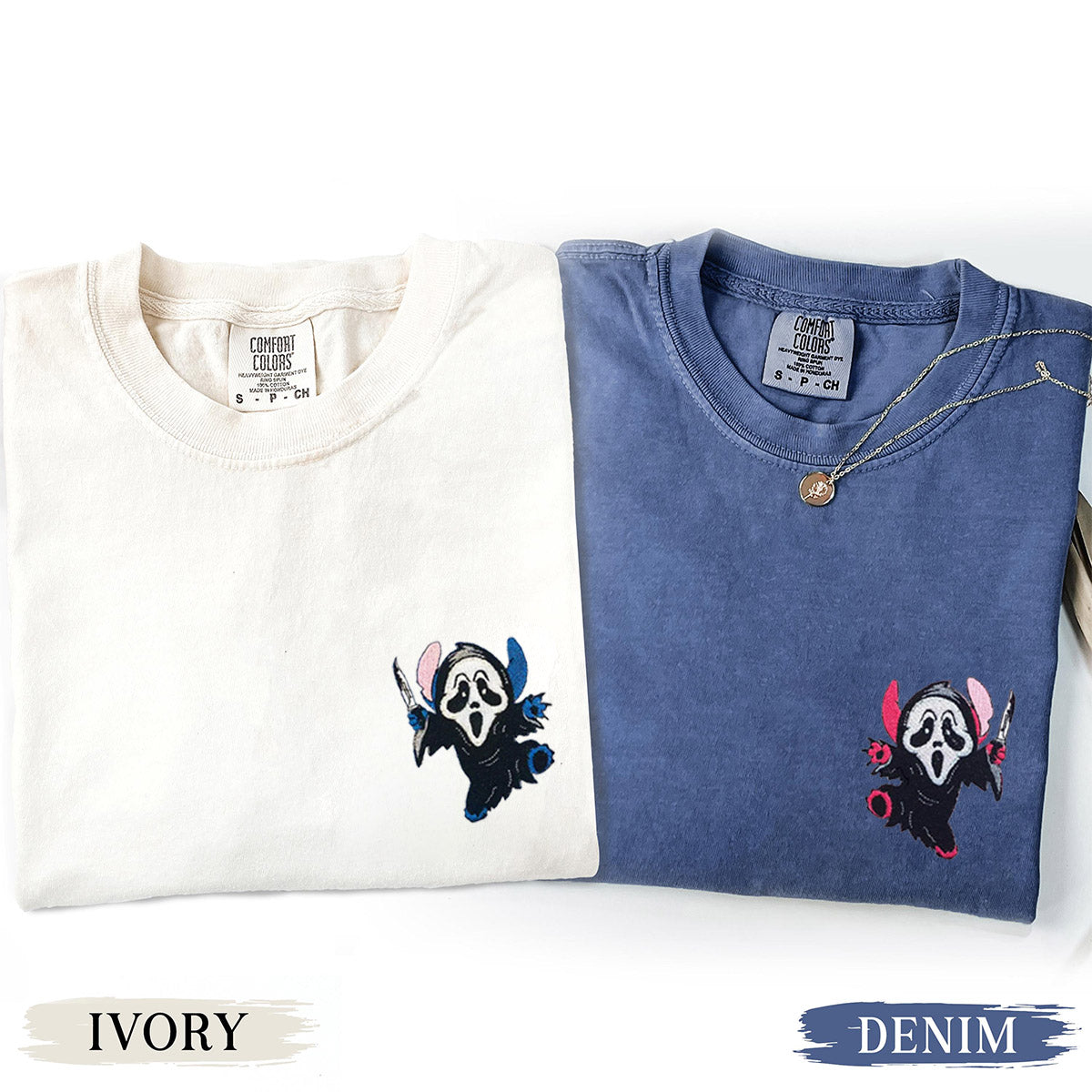 Custom Embroidered Ghost Face Cartoon Halloween Matching T-shirts for Couples