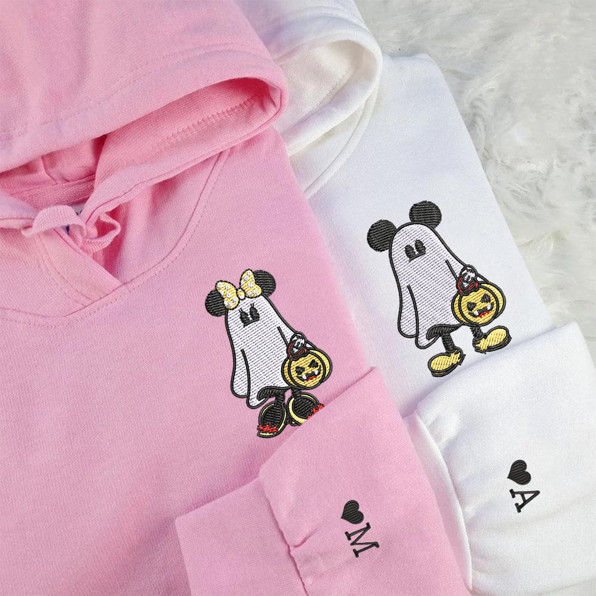 Custom Embroidered Halloween Hoodies For Couples, Custom Matching Couple Hoodie, Cartoon Ghost Mouses Couples Embroidered Hoodie V2