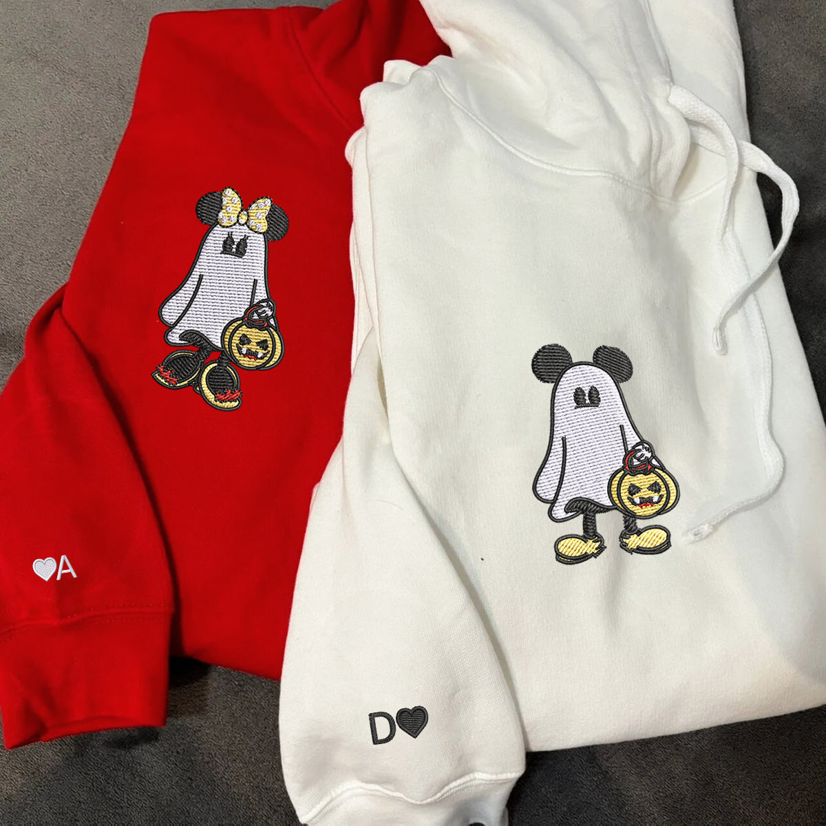 Custom Embroidered Halloween Hoodies For Couples, Custom Matching Couple Hoodie, Cartoon Ghost Mouses Couples Embroidered Hoodie V2