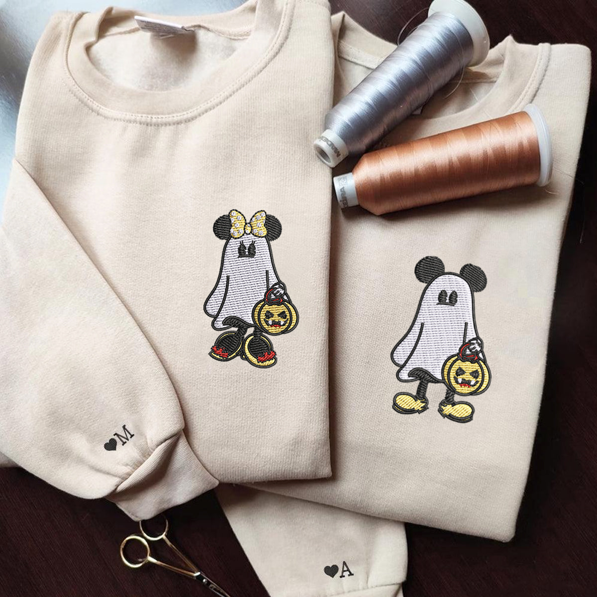 Custom Embroidered Halloween Hoodies For Couples, Custom Matching Couple Hoodie, Cartoon Ghost Mouses Couples Embroidered Hoodie V2