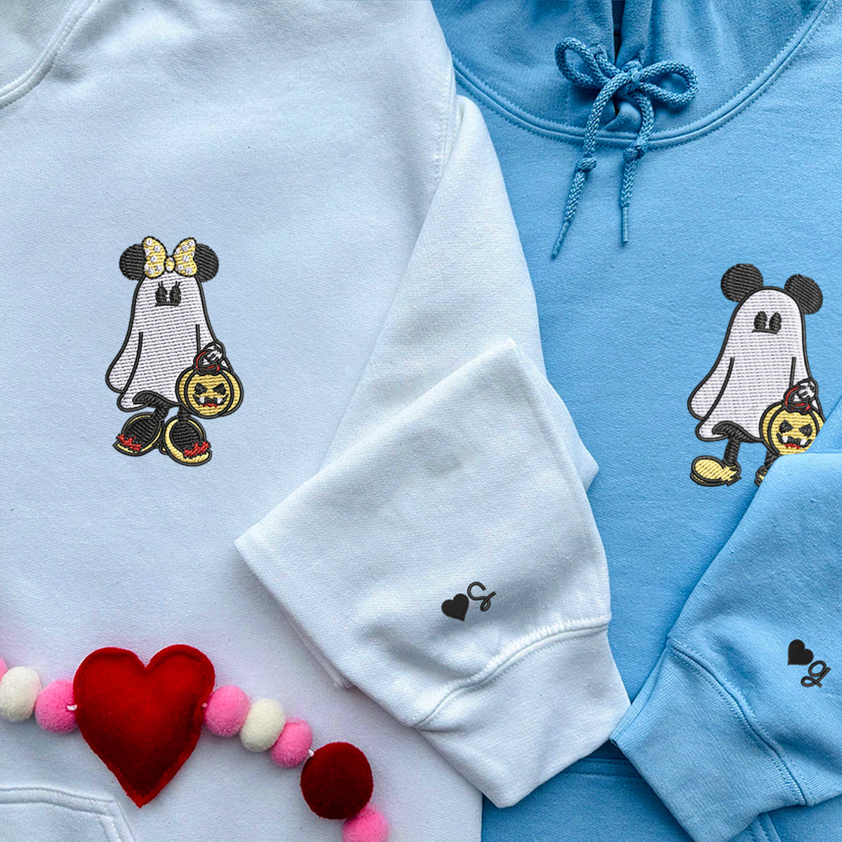 Custom Embroidered Halloween Hoodies For Couples, Custom Matching Couple Hoodie, Cartoon Ghost Mouses Couples Embroidered Hoodie V2