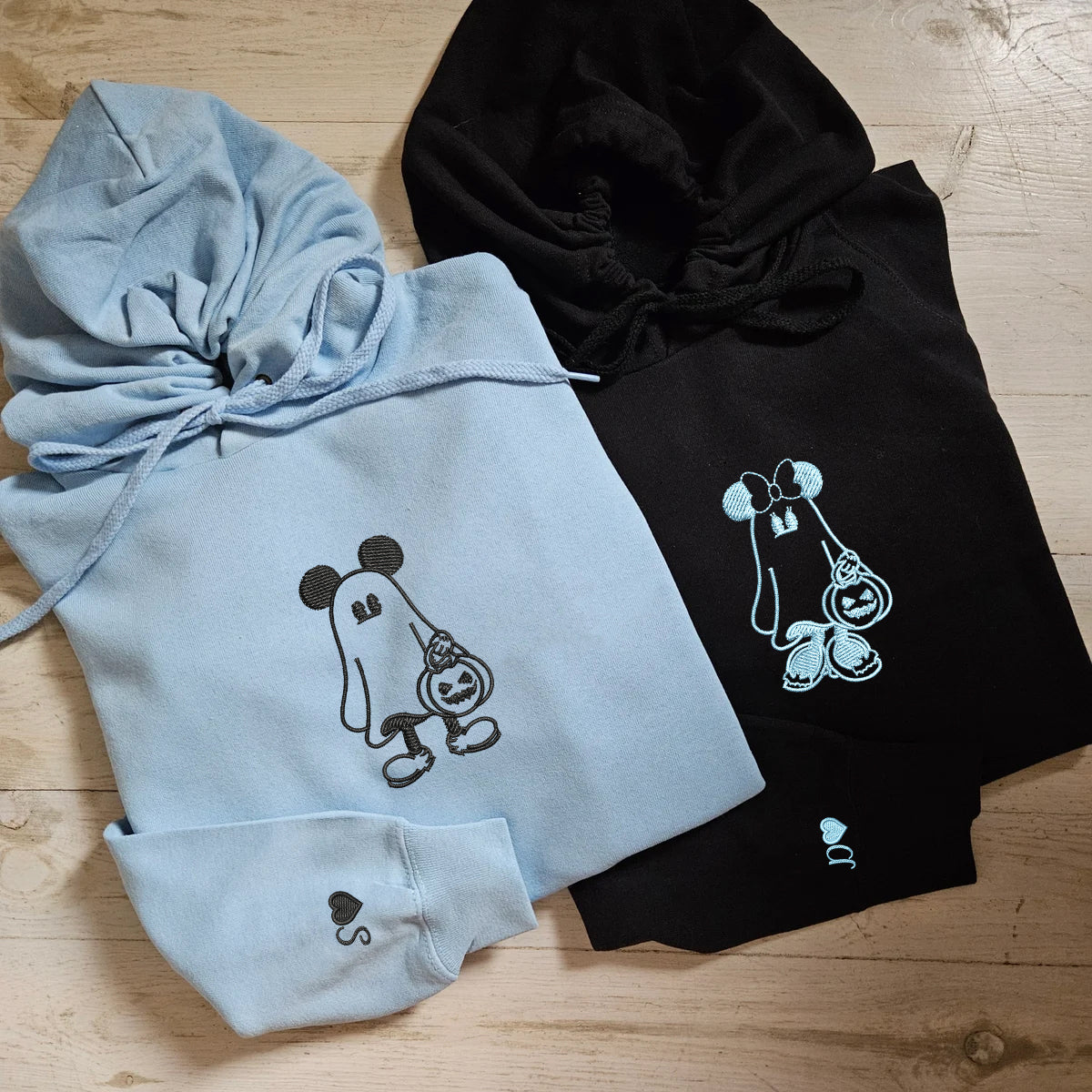 Custom Embroidered Halloweeen Hoodies For Couples, Custom Matching Couple Hoodie, Cartoon Ghost Mouses Couples Embroidered Hoodie V3