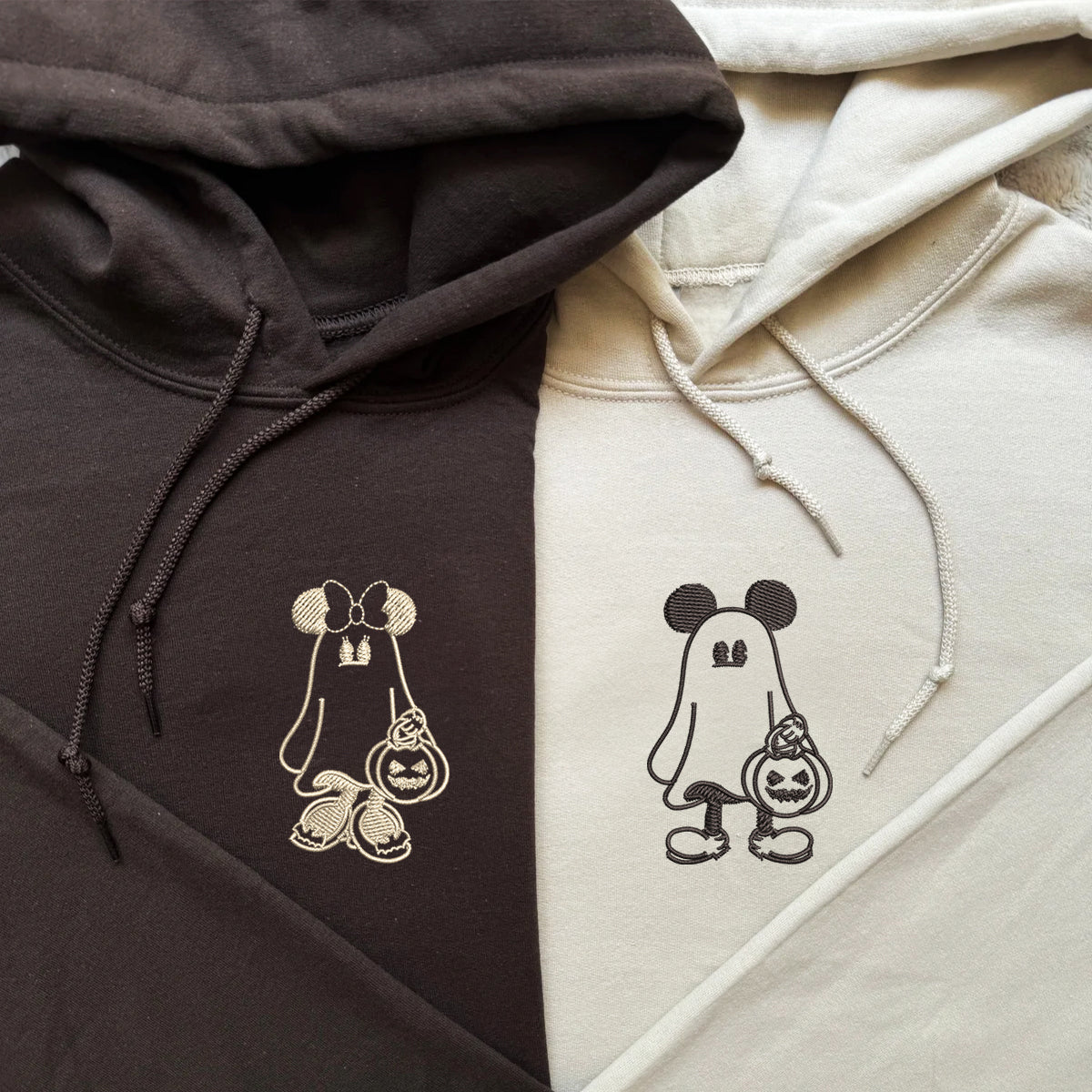 Custom Embroidered Halloweeen Hoodies For Couples, Custom Matching Couple Hoodie, Cartoon Ghost Mouses Couples Embroidered Hoodie V3