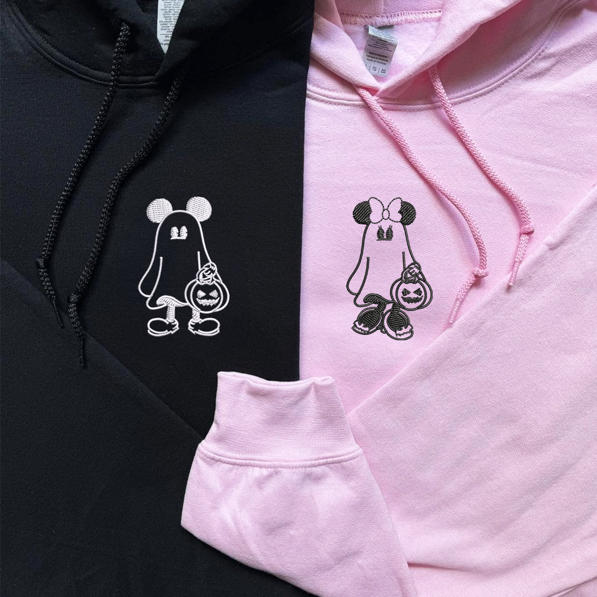 Custom Embroidered Halloweeen Hoodies For Couples, Custom Matching Couple Hoodie, Cartoon Ghost Mouses Couples Embroidered Hoodie V3