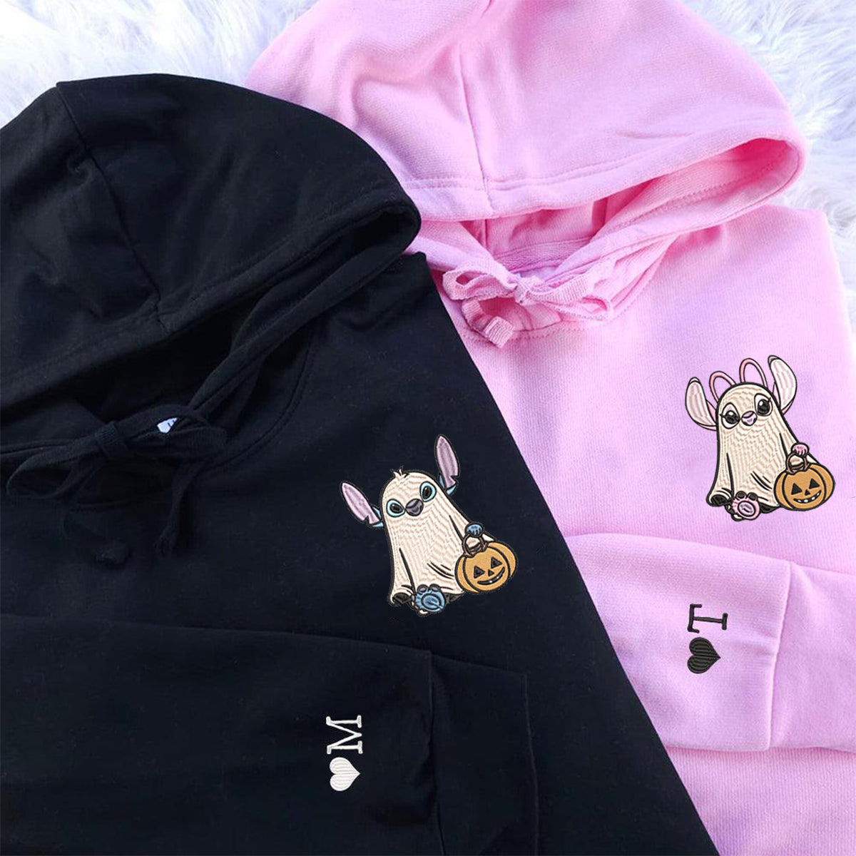 Custom Embroidered Halloweeen Hoodies For Couples, Custom Matching Couple Hoodie, Trick or Treat Ghost Stitch Couples Embroidered Hoodie