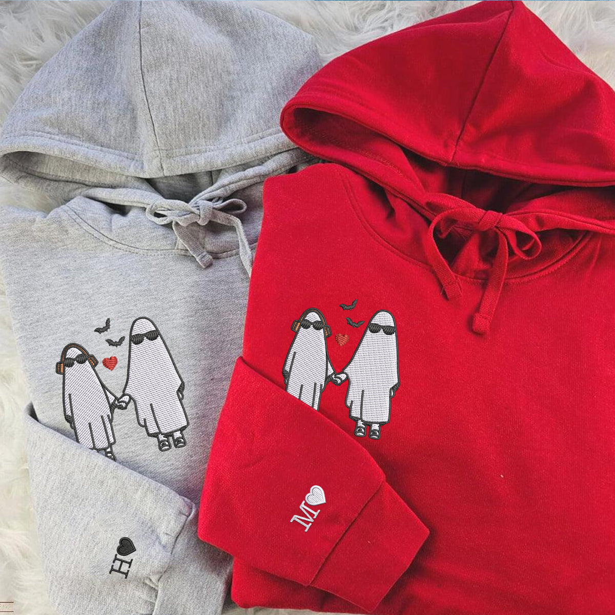 Custom Embroidered Halloweeen Hoodies For Couples, Halloween Couples Ghost Embroidered Hoodie, Ghost Season Embroidered Hoodie