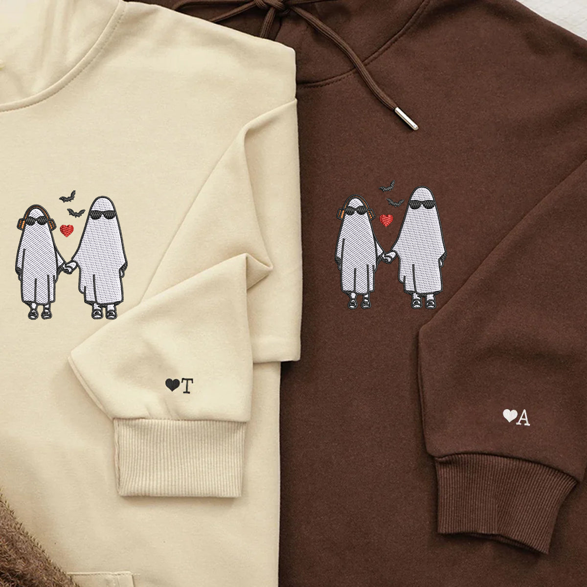 Custom Embroidered Halloweeen Hoodies For Couples, Halloween Couples Ghost Embroidered Hoodie, Ghost Season Embroidered Hoodie