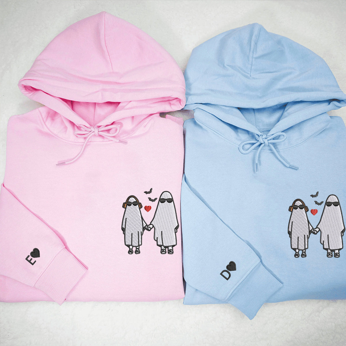 Custom Embroidered Halloweeen Hoodies For Couples, Halloween Couples Ghost Embroidered Hoodie, Ghost Season Embroidered Hoodie