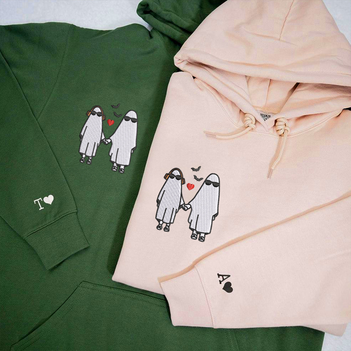 Custom Embroidered Halloweeen Hoodies For Couples, Halloween Couples Ghost Embroidered Hoodie, Ghost Season Embroidered Hoodie