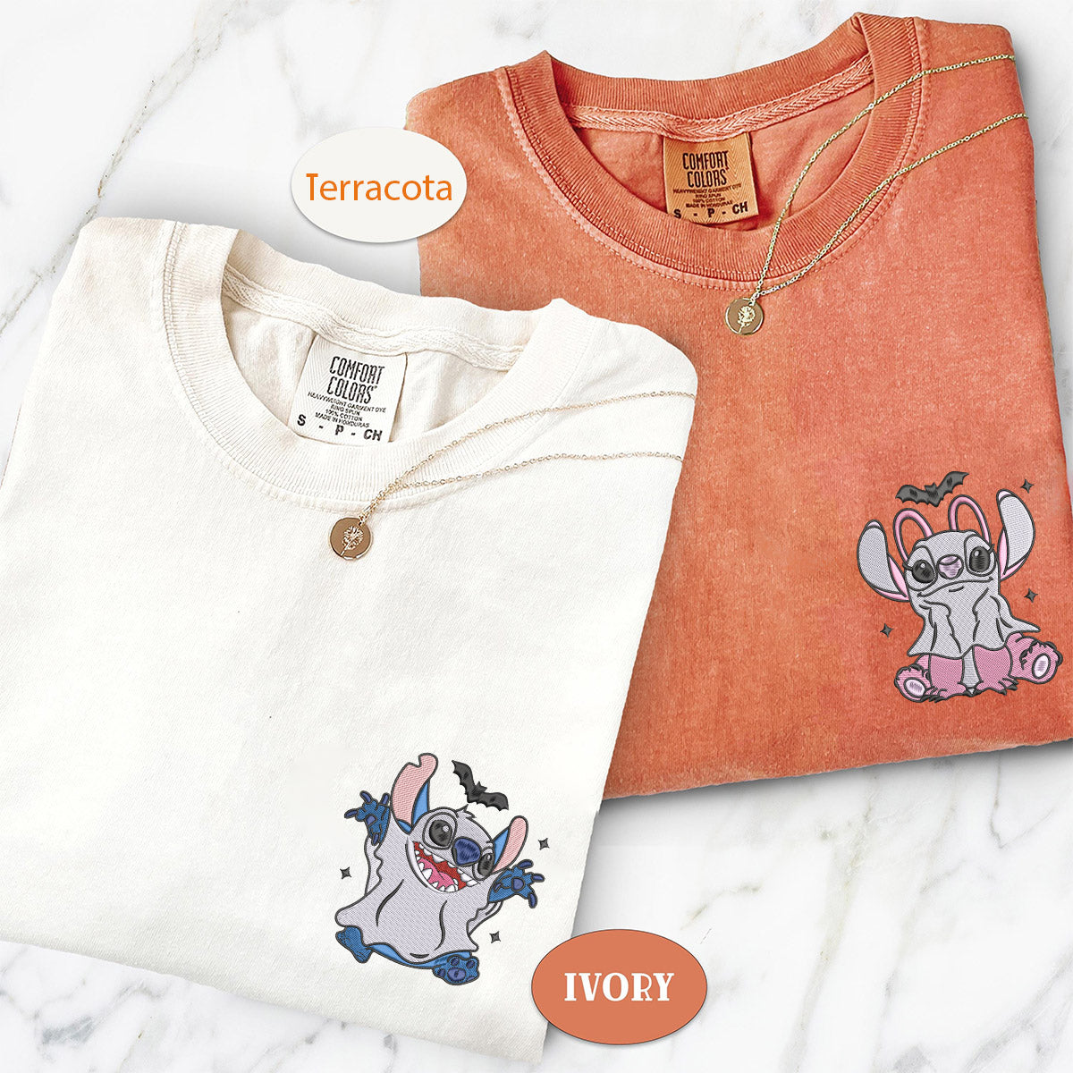 Custom Embroidered Halloween Cute Ghost Matching T-shirts for Couples