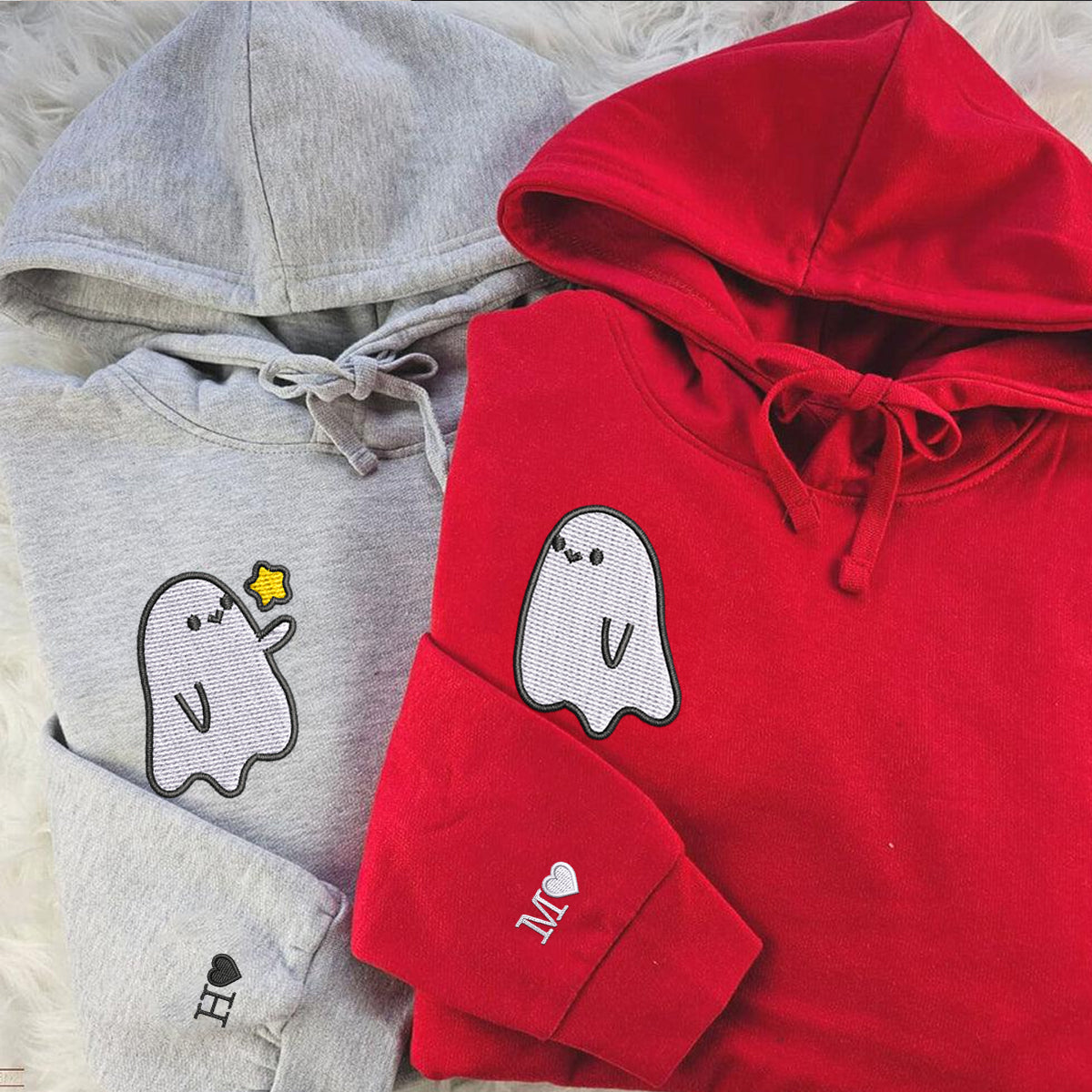 Custom Embroidered Halloween Hoodies For Couples, Custom Embroidered Ghost Spooky Season Couples Embroidered Hoodies V2