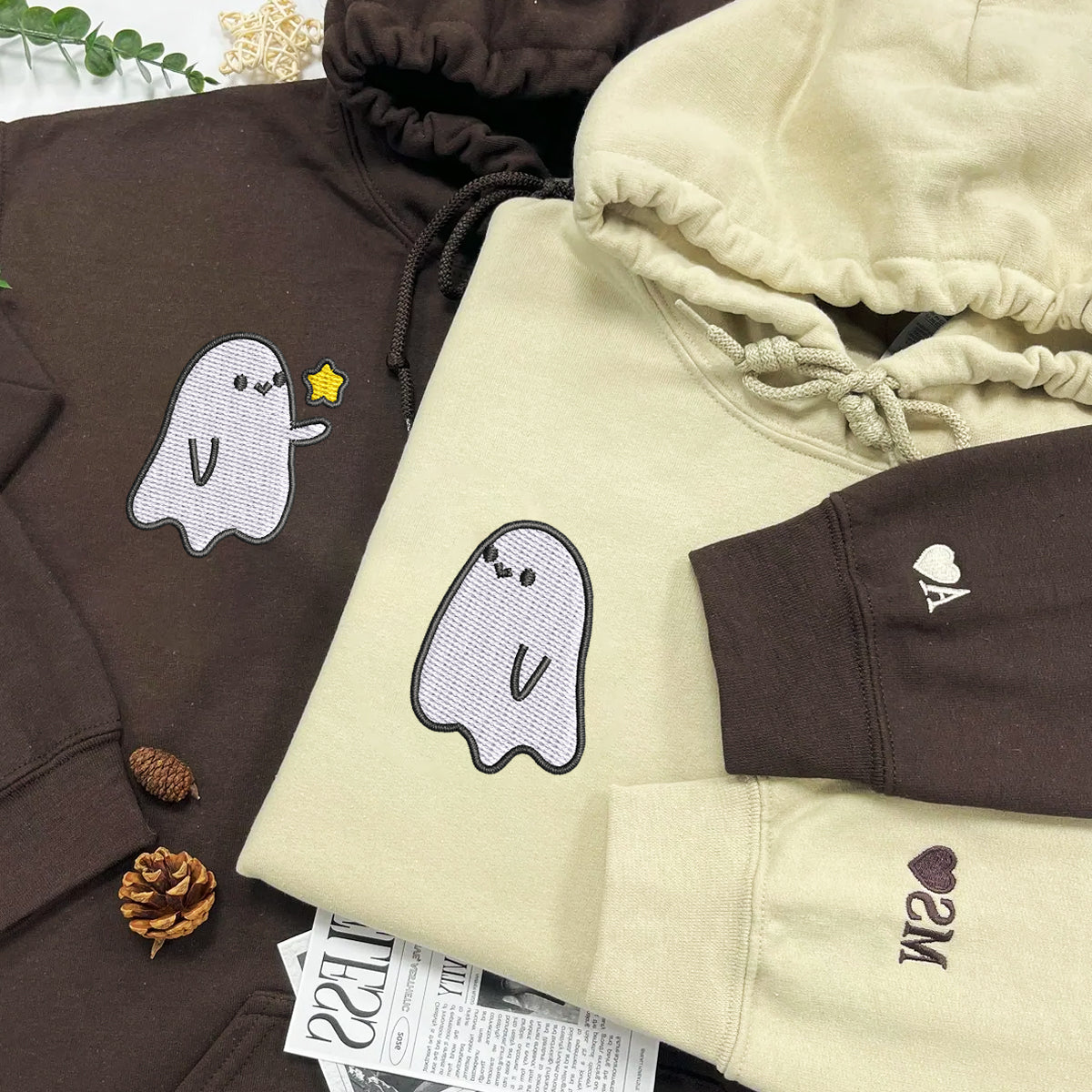 Custom Embroidered Halloween Hoodies For Couples, Custom Embroidered Ghost Spooky Season Couples Embroidered Hoodies V2
