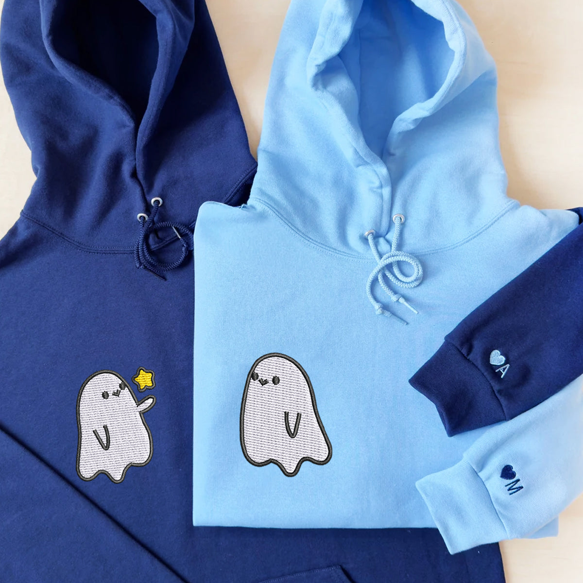 Custom Embroidered Halloween Hoodies For Couples, Custom Embroidered Ghost Spooky Season Couples Embroidered Hoodies V2