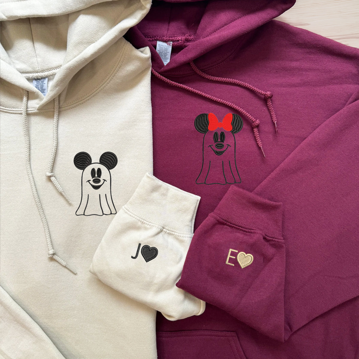 Custom Embroidered Halloween Hoodies For Couples, Custom Matching Couple Hoodie, Cartoon Mouses Couples Embroidered Hoodie V3