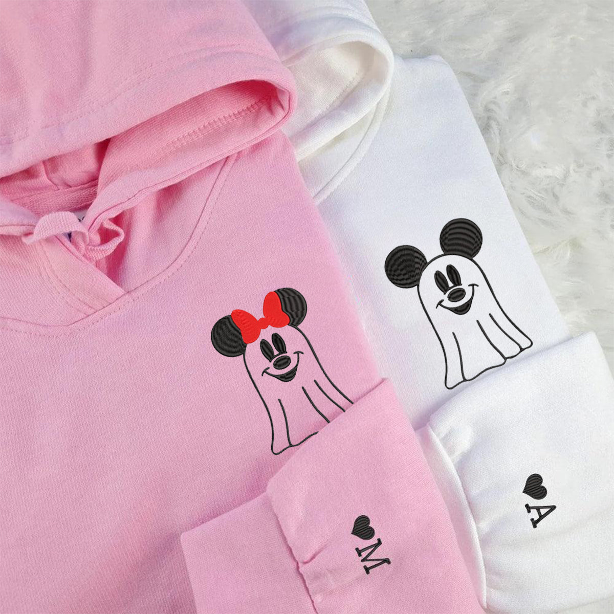 Custom Embroidered Halloween Hoodies For Couples, Custom Matching Couple Hoodie, Cartoon Mouses Couples Embroidered Hoodie V3