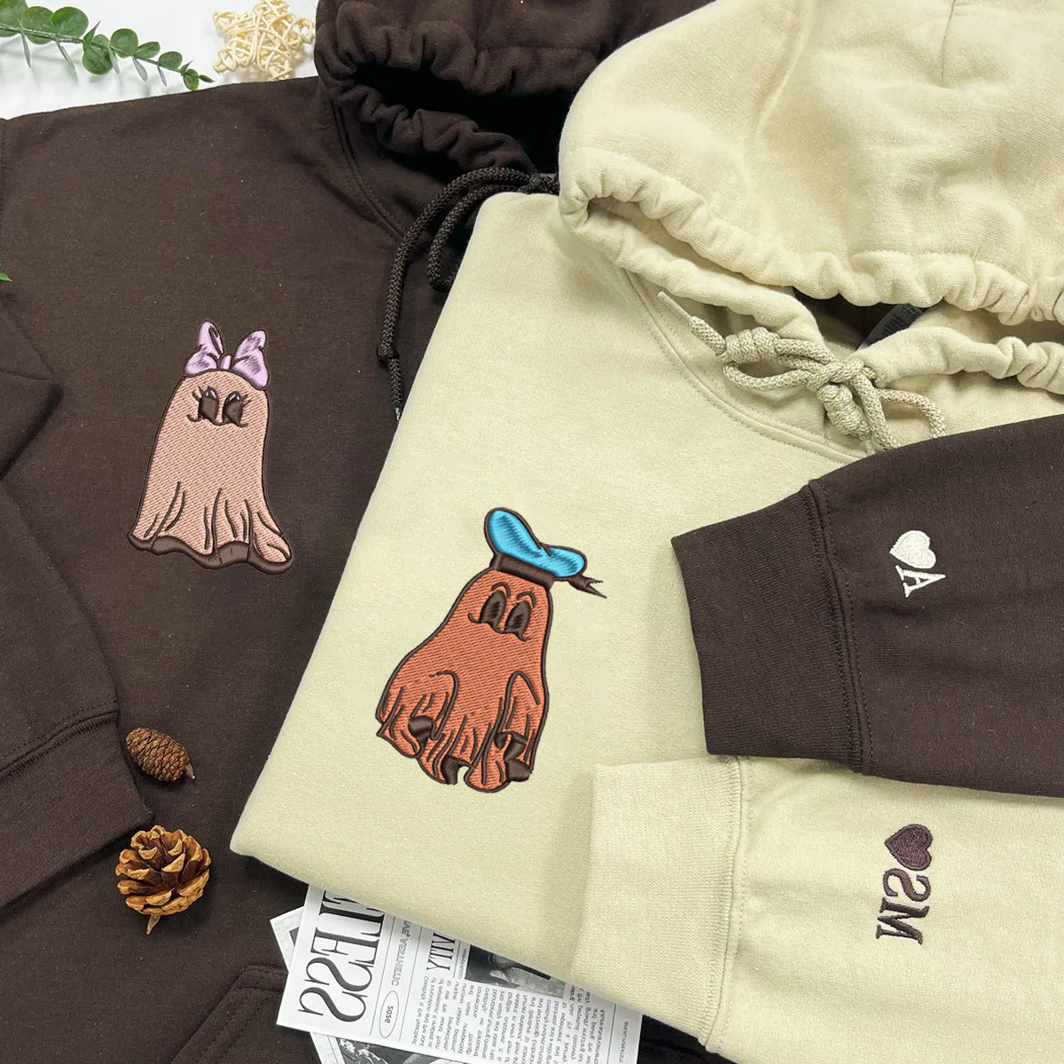 Custom Embroidered Halloween Hoodies For Couples, Custom Matching Couple Hoodies, Trick or Treat Ghost Duck Couples Embroidered Hoodie
