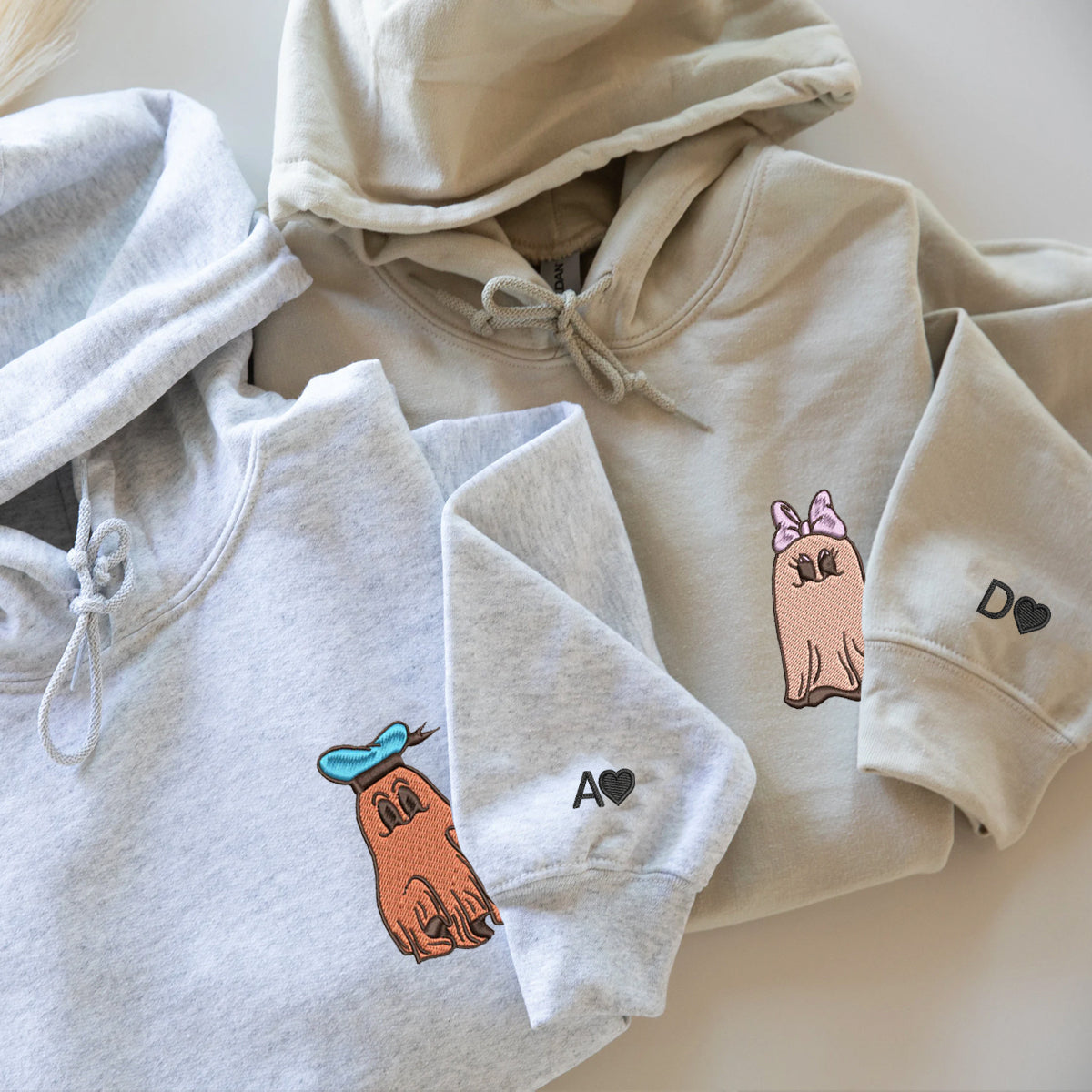 Custom Embroidered Halloween Hoodies For Couples, Custom Matching Couple Hoodies, Trick or Treat Ghost Duck Couples Embroidered Hoodie