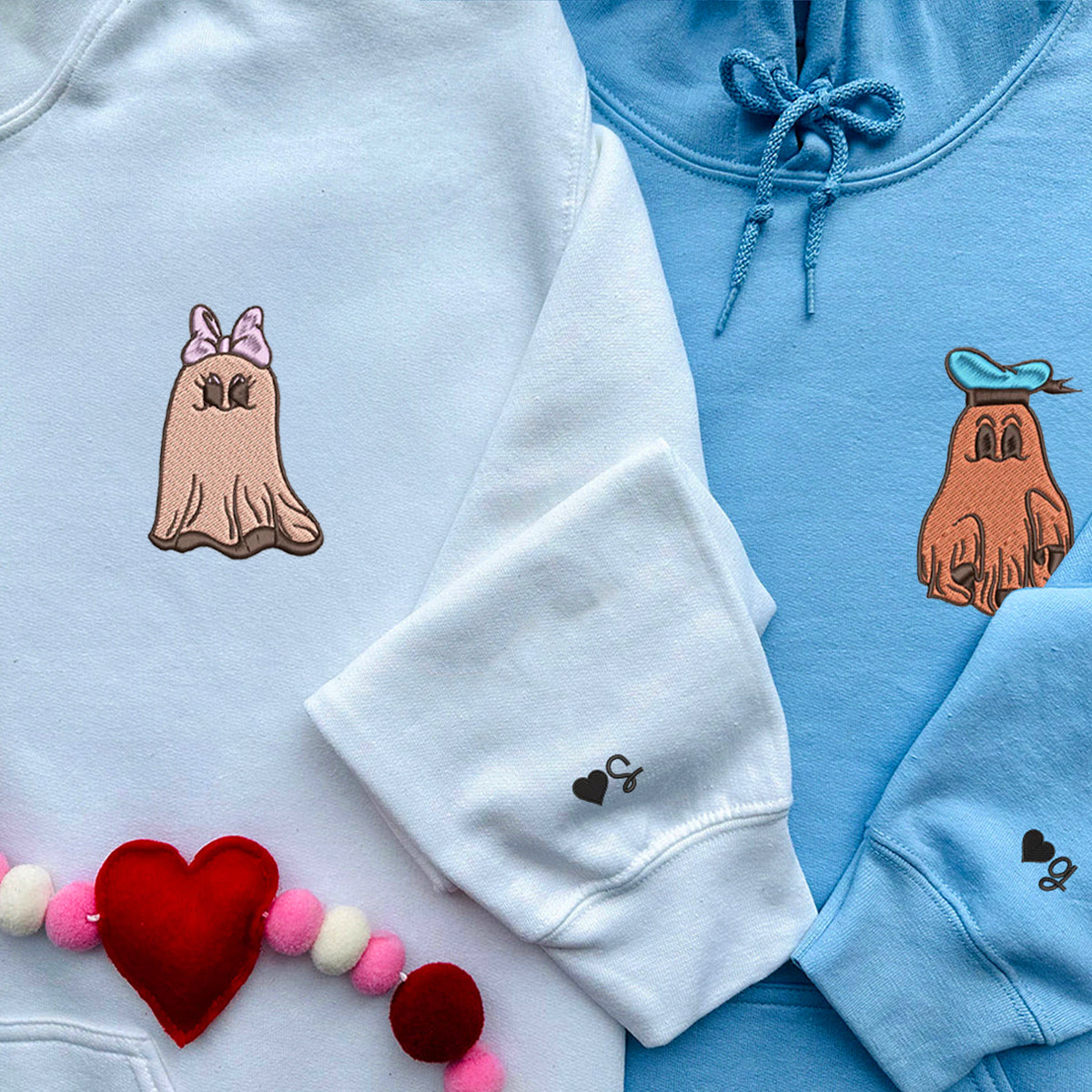 Custom Embroidered Halloween Hoodies For Couples, Custom Matching Couple Hoodies, Trick or Treat Ghost Duck Couples Embroidered Hoodie