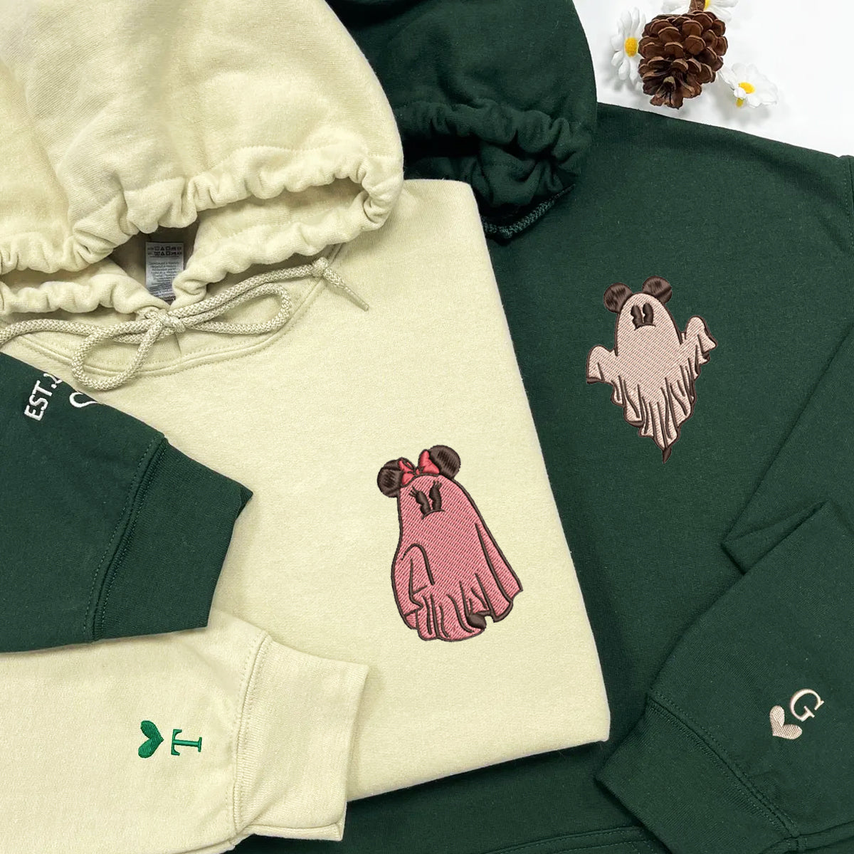 Custom Embroidered Halloween Hoodies For Couples, Custom Matching Couple Hoodies, Trick or Treat Ghost Mouse Couples Embroidered Hoodie