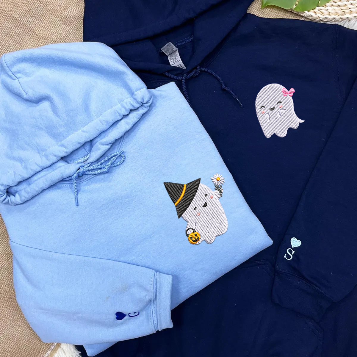 Custom Embroidered Halloween Hoodies For Couples, Halloween Couples Cute Ghost Boo Embroidered Hoodie, Ghost Spooky Hoodie