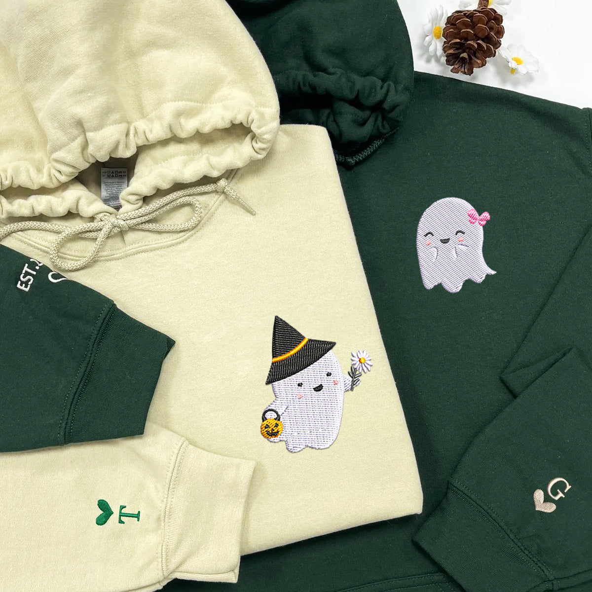 Custom Embroidered Halloween Hoodies For Couples, Halloween Couples Cute Ghost Boo Embroidered Hoodie, Ghost Spooky Hoodie