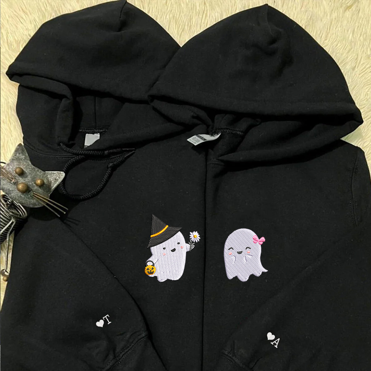 Custom Embroidered Halloween Hoodies For Couples, Halloween Couples Cute Ghost Boo Embroidered Hoodie, Ghost Spooky Hoodie