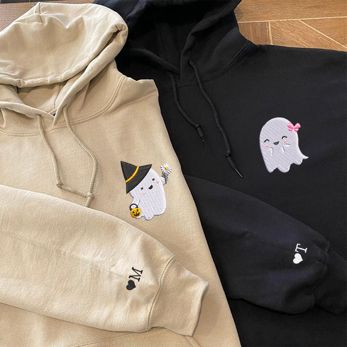 Custom Embroidered Halloween Hoodies For Couples, Halloween Couples Cute Ghost Boo Embroidered Hoodie, Ghost Spooky Hoodie