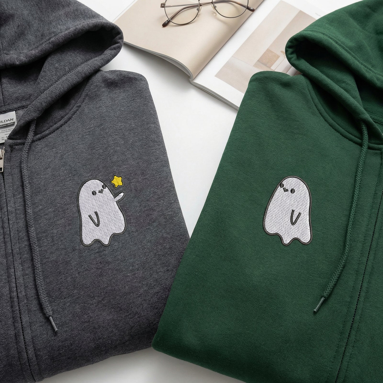 Custom Embroidered Halloween Quarter Zip Sweatshirts for Couples - Ghost Spooky Season Matching Full-Zip Hoodie