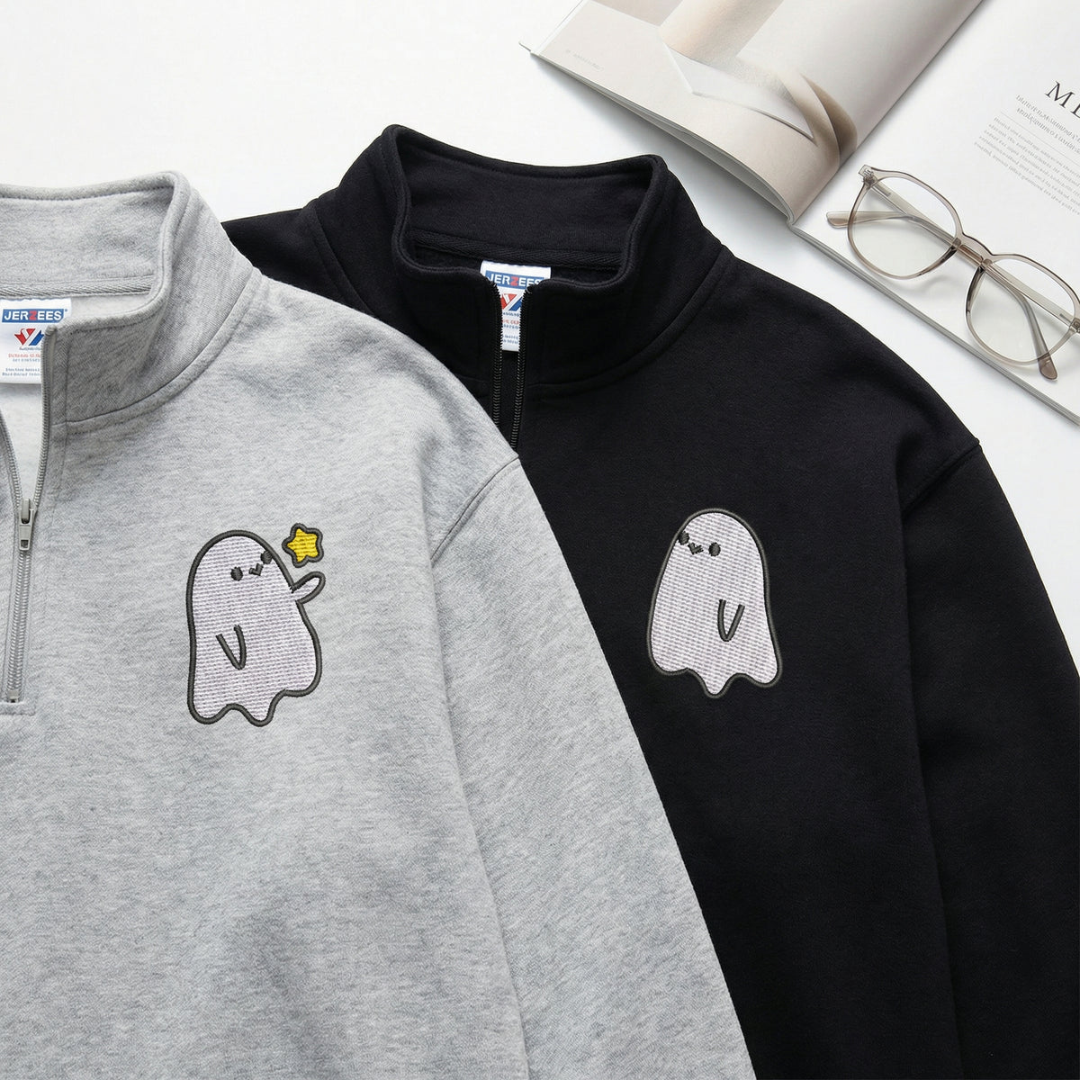 Custom Embroidered Halloween Quarter Zip Sweatshirts for Couples - Ghost Spooky Season Matching Full-Zip Hoodie