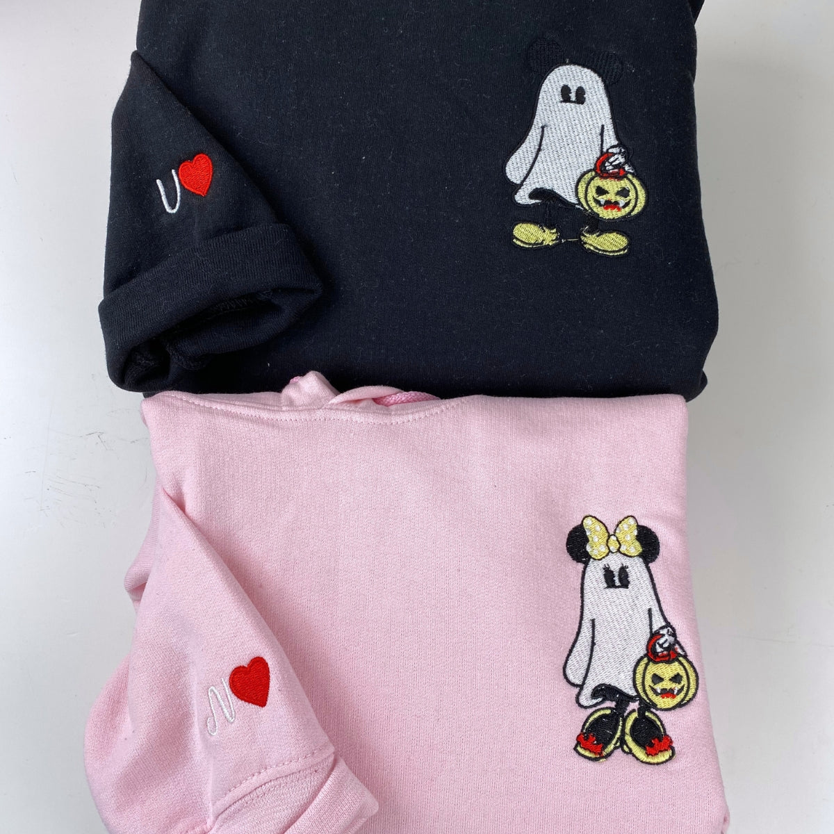Custom Embroidered Halloween Sweatshirts For Couples, Custom Matching Couple Sweatshirt, Cartoon Ghost Mouse Couples Embroidered Sweater V4