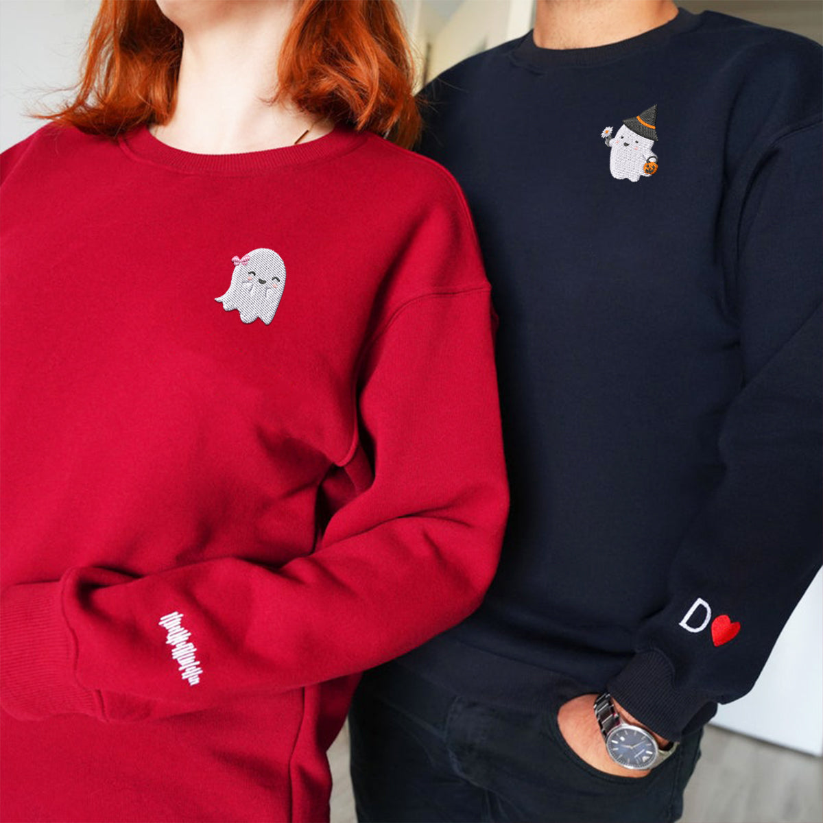 Custom Embroidered Halloween Sweatshirts For Couples, Halloween Couples Cute Ghost Boo Embroidered Sweatshirt, Ghost Spooky Sweater