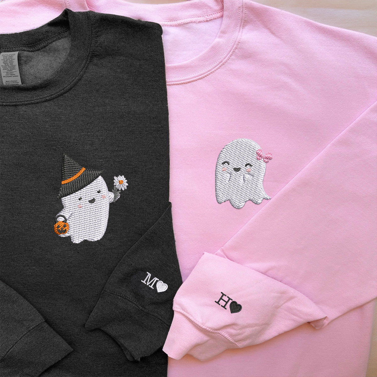 Custom Embroidered Halloween Sweatshirts For Couples, Halloween Couples Cute Ghost Boo Embroidered Sweatshirt, Ghost Spooky Sweater