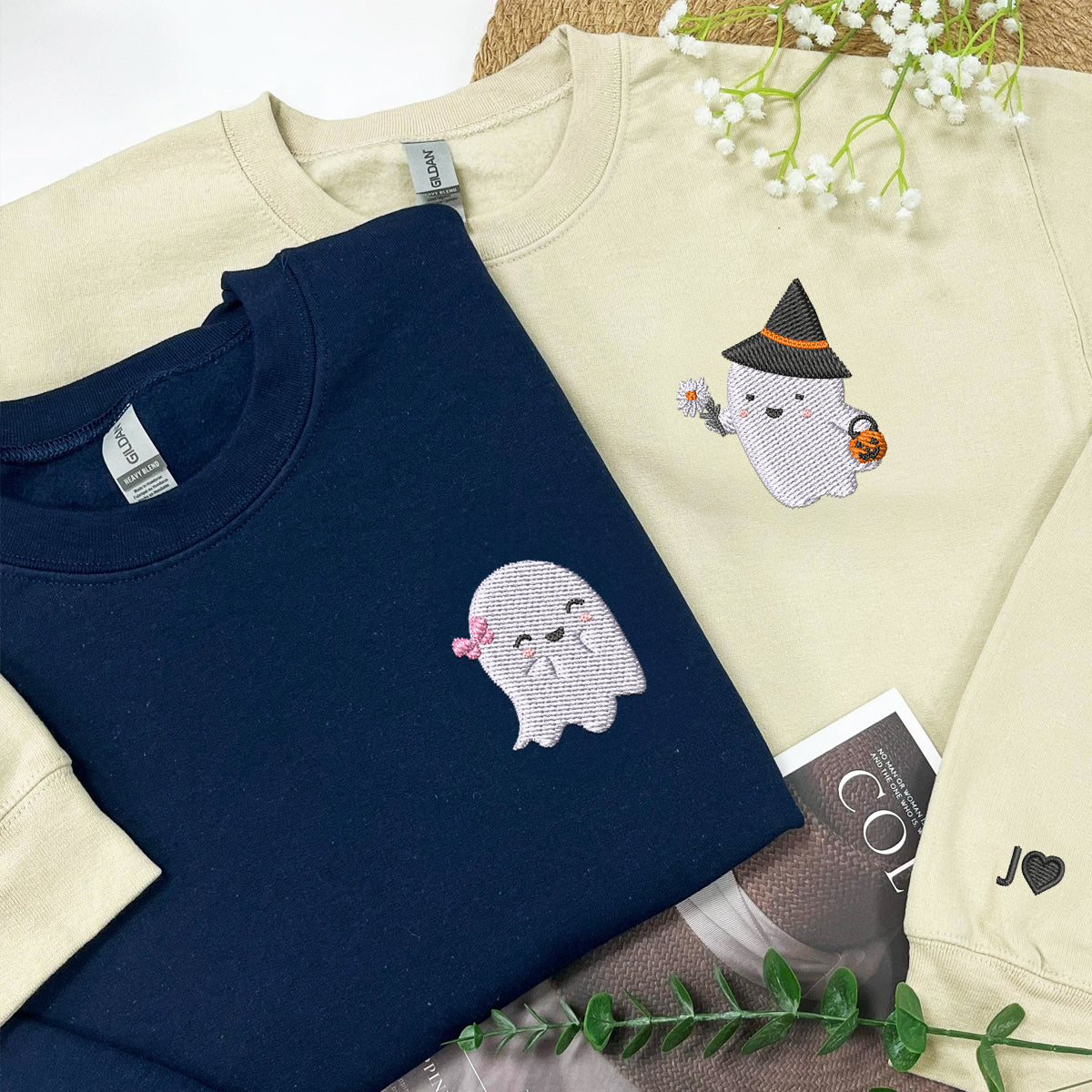 Custom Embroidered Halloween Sweatshirts For Couples, Halloween Couples Cute Ghost Boo Embroidered Sweatshirt, Ghost Spooky Sweater