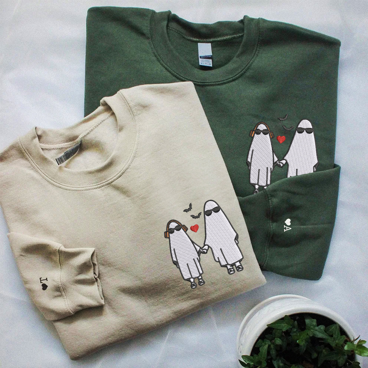 Custom Embroidered Halloween Sweatshirts For Couples, Halloween Couples Ghost Embroidered Sweatshirt, Ghost Season Embroidered Sweater
