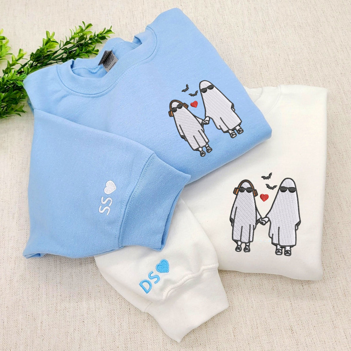 Custom Embroidered Halloween Sweatshirts For Couples, Halloween Couples Ghost Embroidered Sweatshirt, Ghost Season Embroidered Sweater
