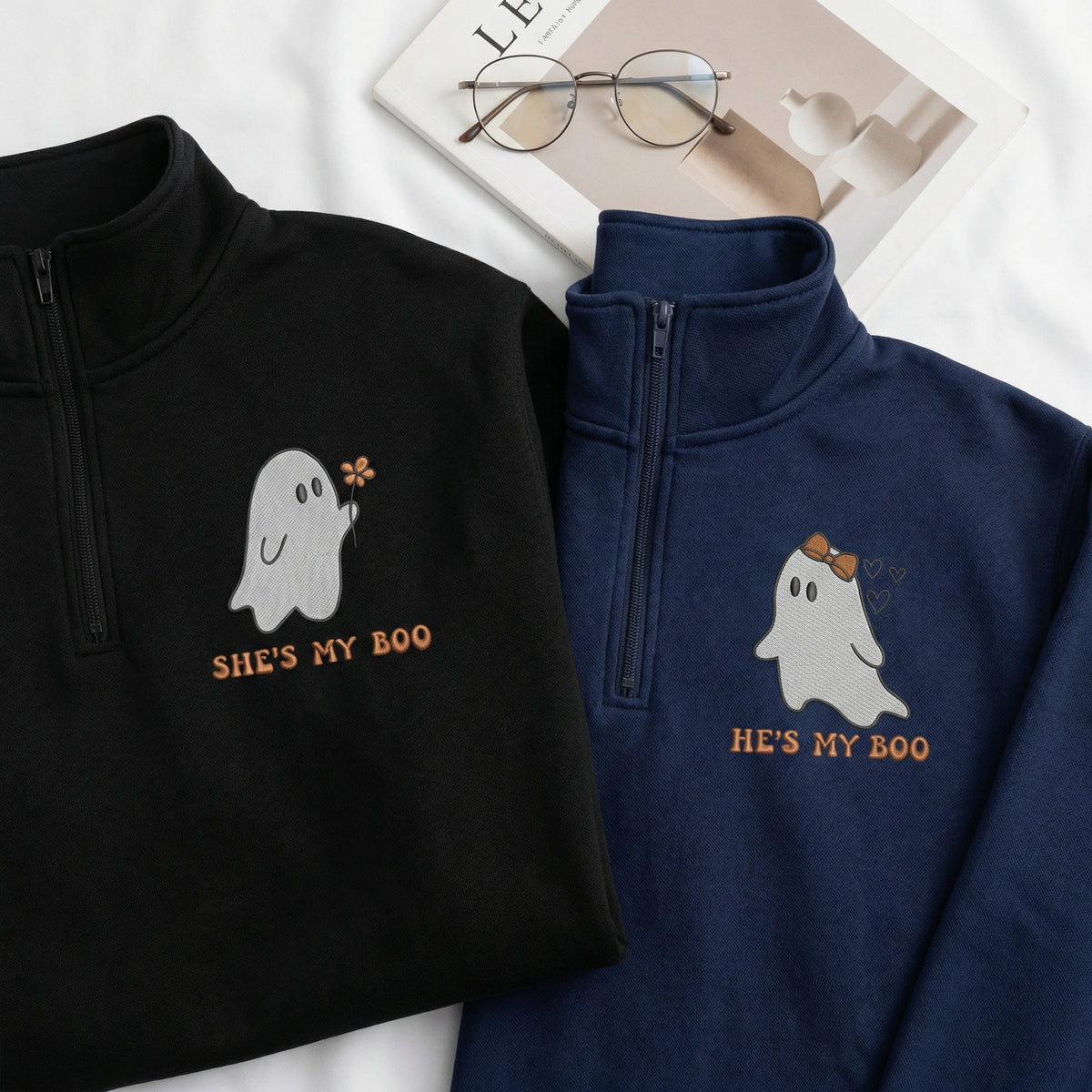 Custom Embroidered He's My Boo She's My Boo Halloween Quarter Zip Sweatshirts & Full-Zip Hoodie for Couples