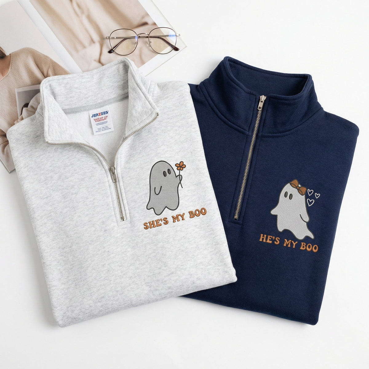 Custom Embroidered He's My Boo She's My Boo Halloween Quarter Zip Sweatshirts &amp; Full-Zip Hoodie for Couples